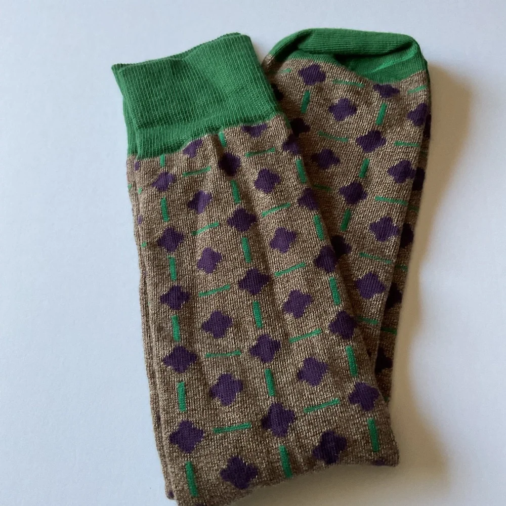 LORENZO UOMO MOROCCAN TILE PRINT CREW SOCKS BROWN GREEN COTTON OS NWOT